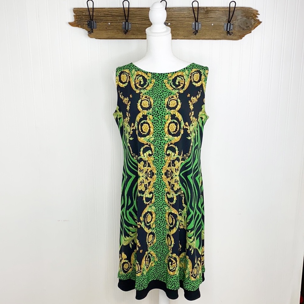Eva Varro Green and Black Baroque Print Sleeveless Reversible Short Dress